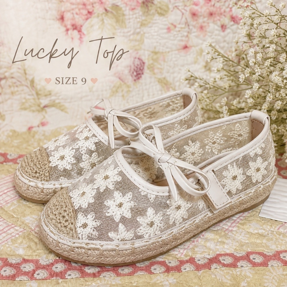 Lucky Top Lace Floral Espadrille Flats Cream Mesh Daisy Toddler Size 9 Boho